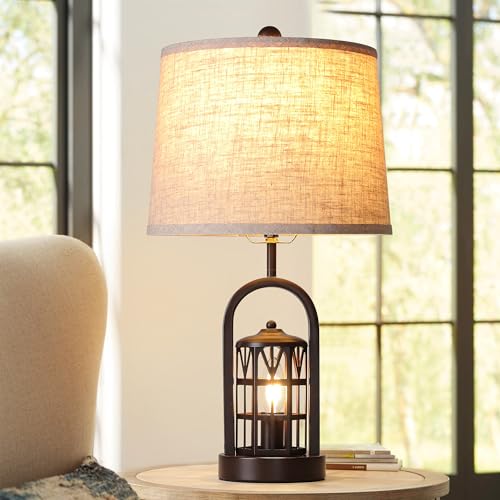 23" Rustic Table Lamp Set of 2 with Night Light, Brown T698