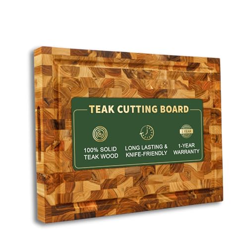 Teak Wood End Grain Cutting Board with Juice Groove Hand Grip (Medium 18x14x1.5 inches) G11665