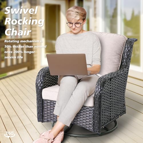 Grey Wicker Denim Blue 7 Pieces Wicker Conversation Set with Swivel Rocking Chairs, Side Table, High Back Sofa, Ottomans and Coffee Table S779591