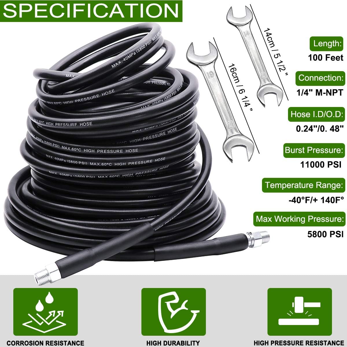 100FT 1/4 Inch NPT 5800PSI Sewer Jetter Kit with Nozzle L71298