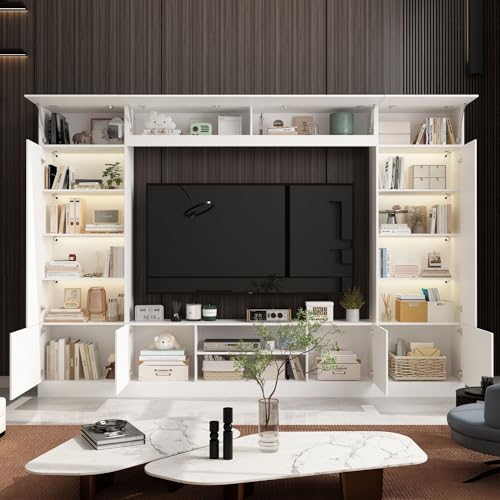 White Entertainment Center with Bookshelves and Doors 81.1"W x 11.8"D x 70.9"H G3246