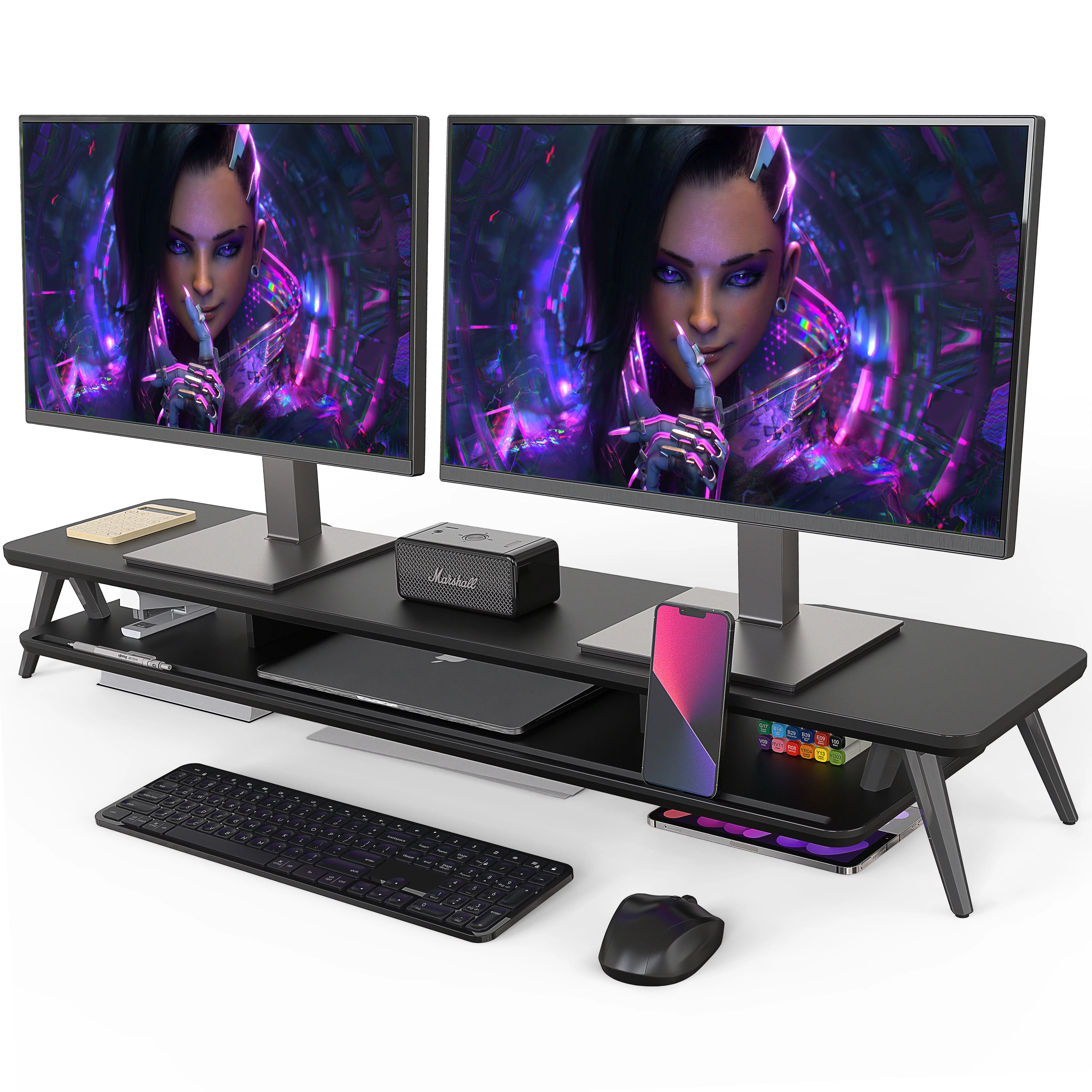 42.5 Inch Dual Monitor Stand Riser Desk Shelf with Storage Organizer V810457