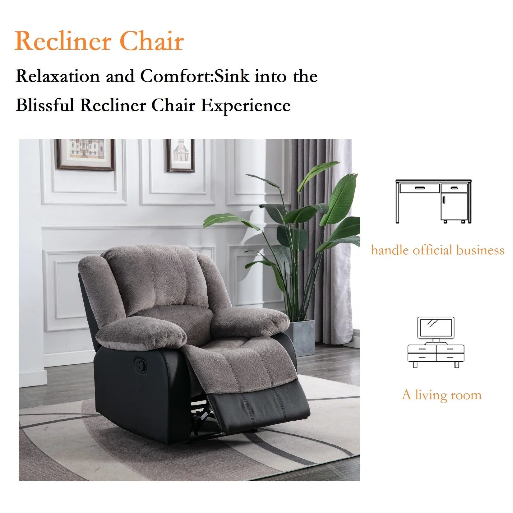 Manual Single Reclining Sofa, Gray PU Leather V40382