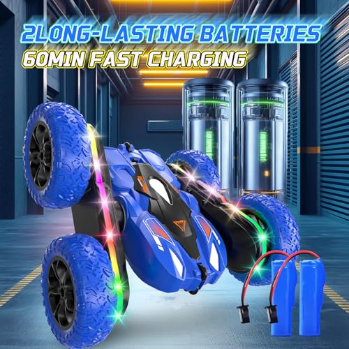 Remote Control Car with LED-Strips, 360° Flips Stunt Toy Cars, 40 Min Playtime with Dual Batteries & Extra Tires S11948