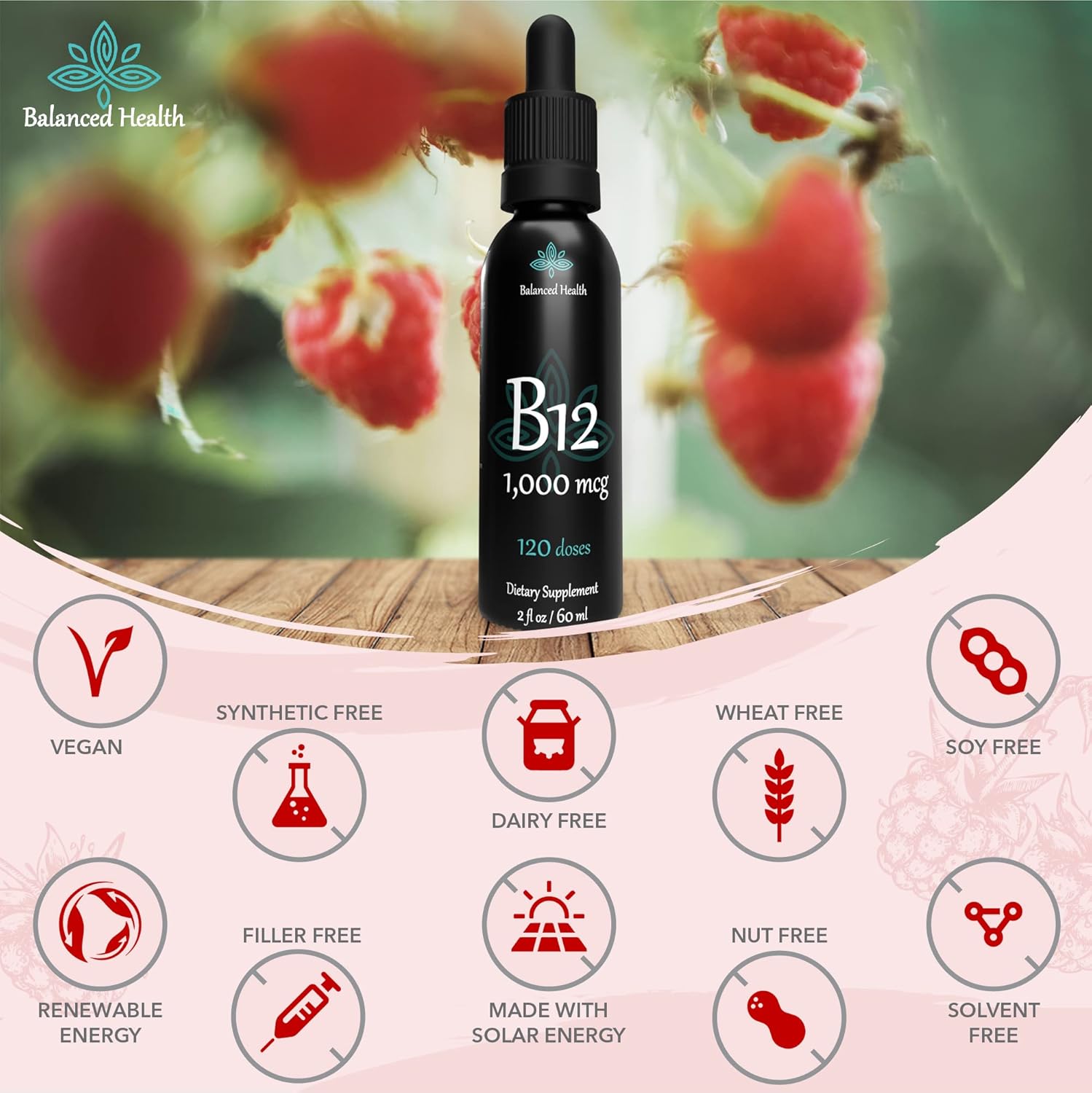 B12 1,000 mcg 2 oz 120 Servings Raspberry Flavor Sublingual Drops O8223