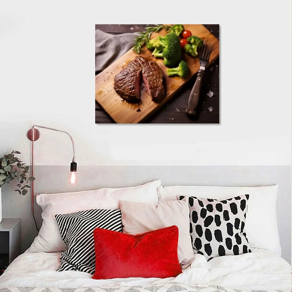 Medium Rare Grilled Beef Steak Ribeye With Broccoli On Cutting Board On Wooden Background Canvas Prints Poster Wall Art With Framed B7782