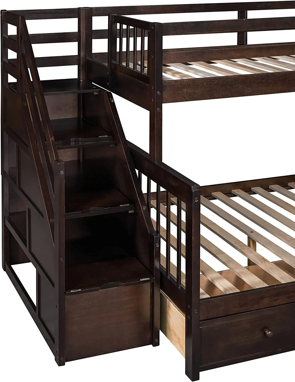 Twin Over Full L-Shaped Triple Bunk Bed with 3 Storage Drawers and Stairs B372387