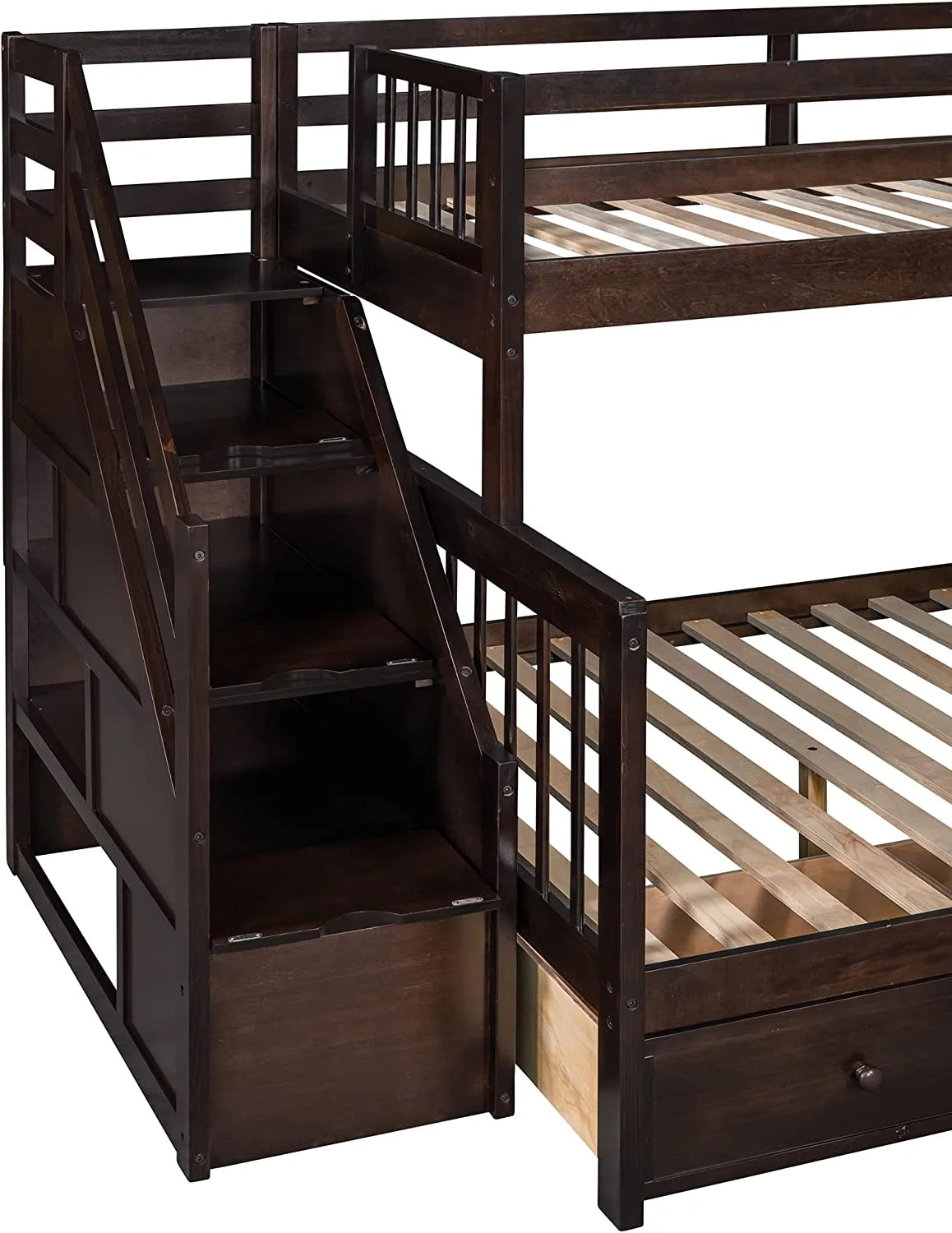 Twin Over Full L-Shaped Triple Bunk Bed with 3 Storage Drawers and Stairs B372387