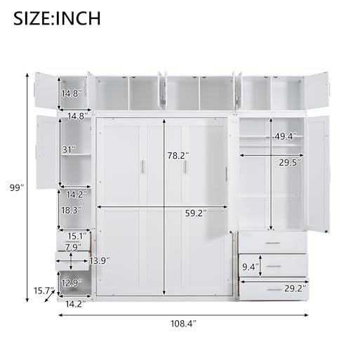 Full Size White Wooden Murphy Bed with Lockers and Wardrobes S320