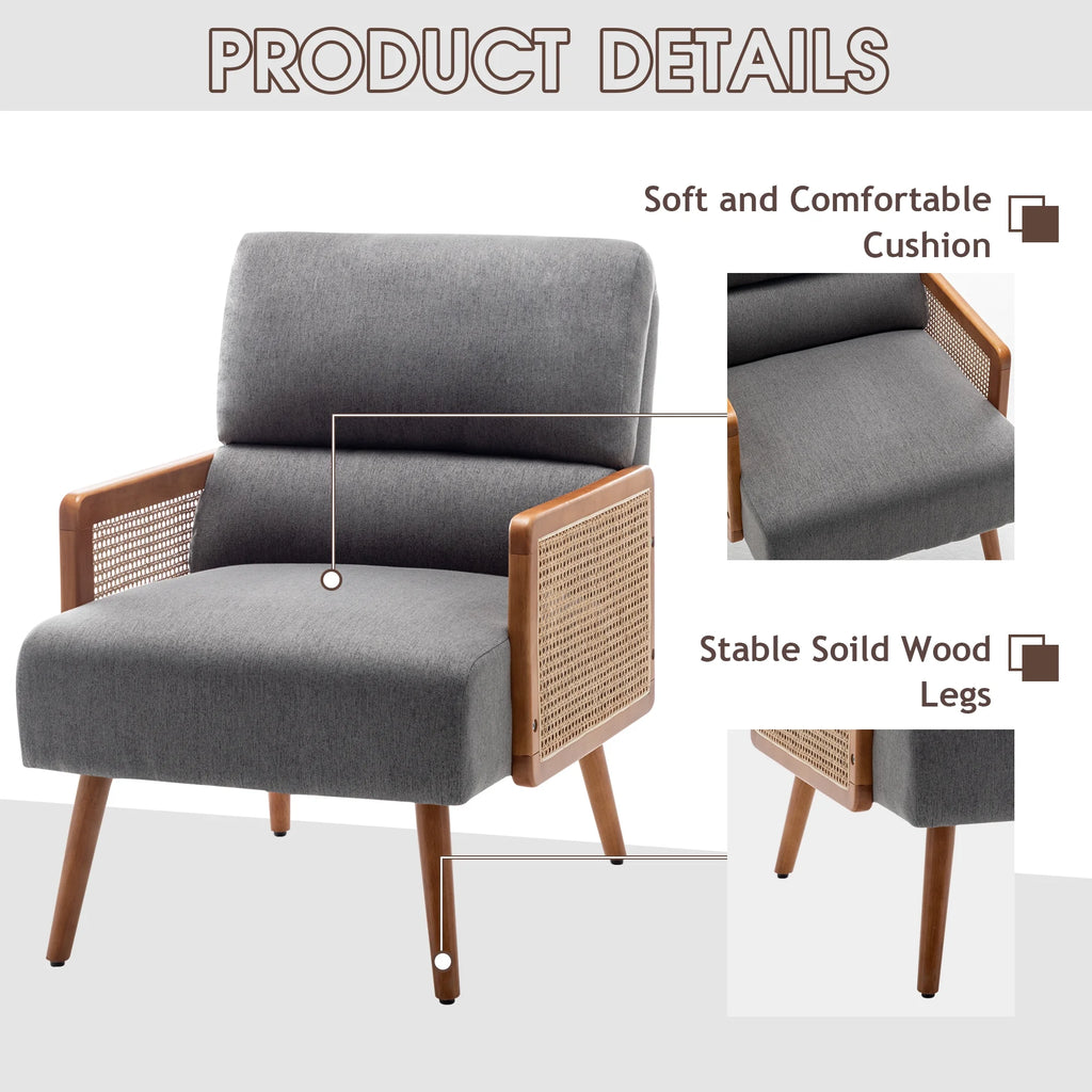 Fabric Upholstered Armchairs with Rattan Armrests G93813