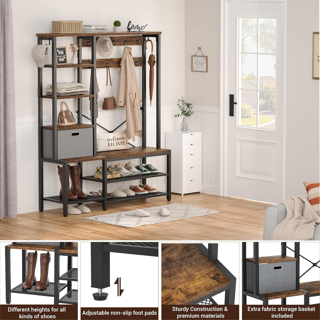 Rustic Brown Hall Tree with Storage Bench, Coat Rack, 5-Tier Shelves, Fabric Storage Basket, Side hooks, Metal Frame L41046