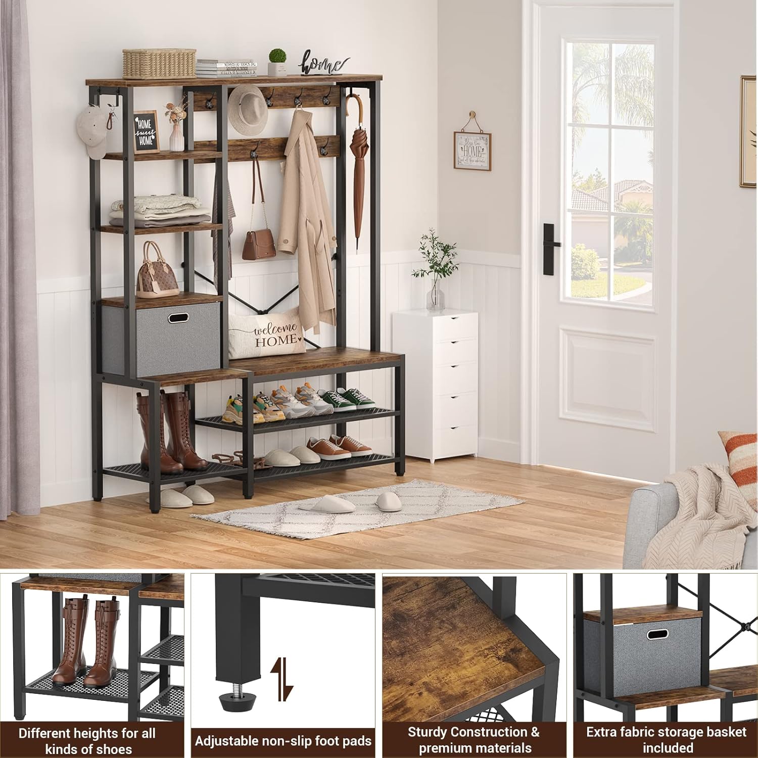 Rustic Brown Hall Tree with Storage Bench, Coat Rack, 5-Tier Shelves, Fabric Storage Basket, Side hooks, Metal Frame L41046