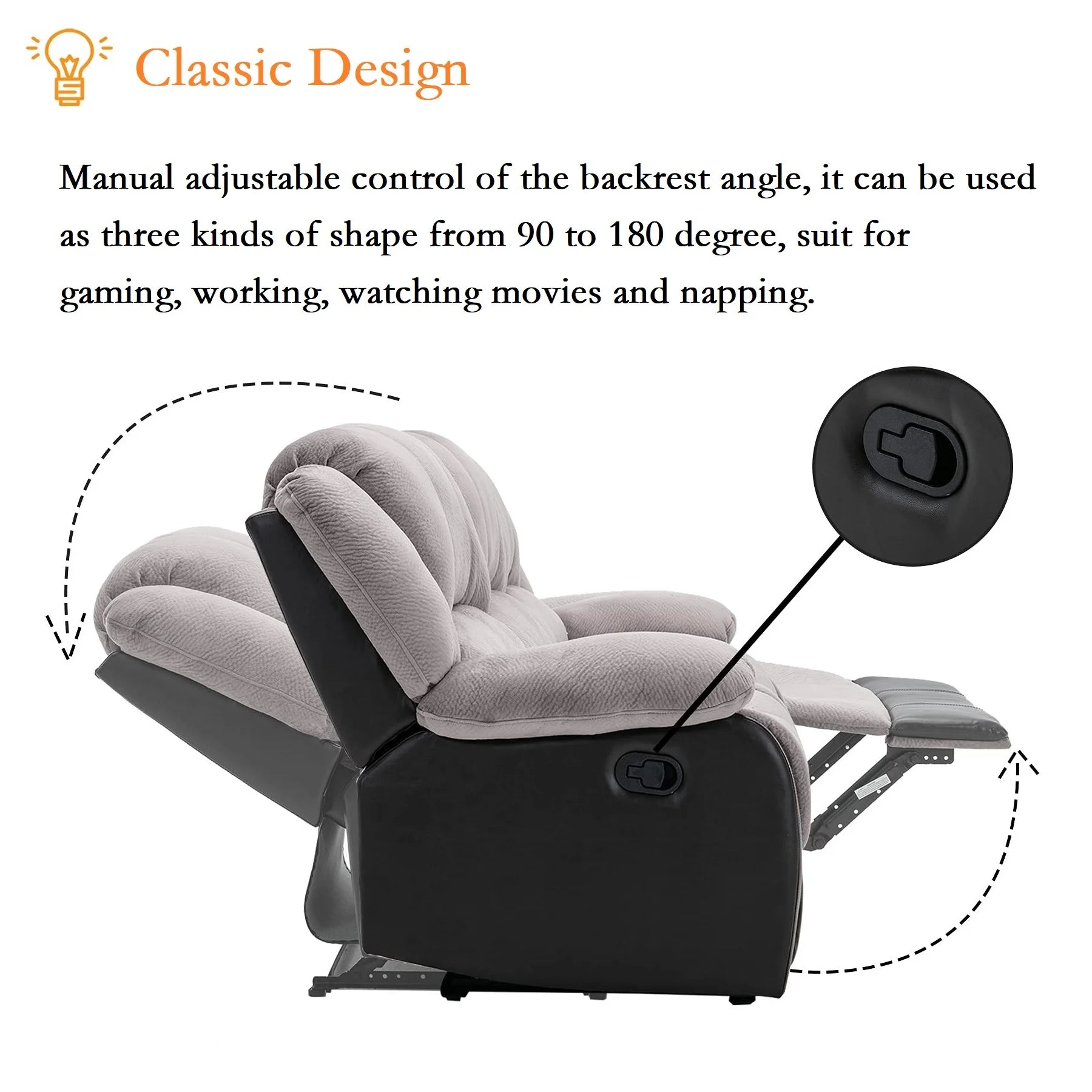Manual Single Reclining Sofa, Gray PU Leather V40382