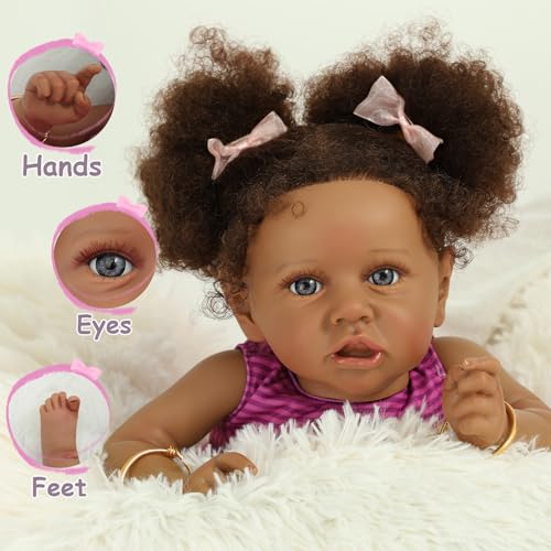 22" Realistic African American Newborn Baby Doll with Two Afro Puffs & Feeding Toys W87060