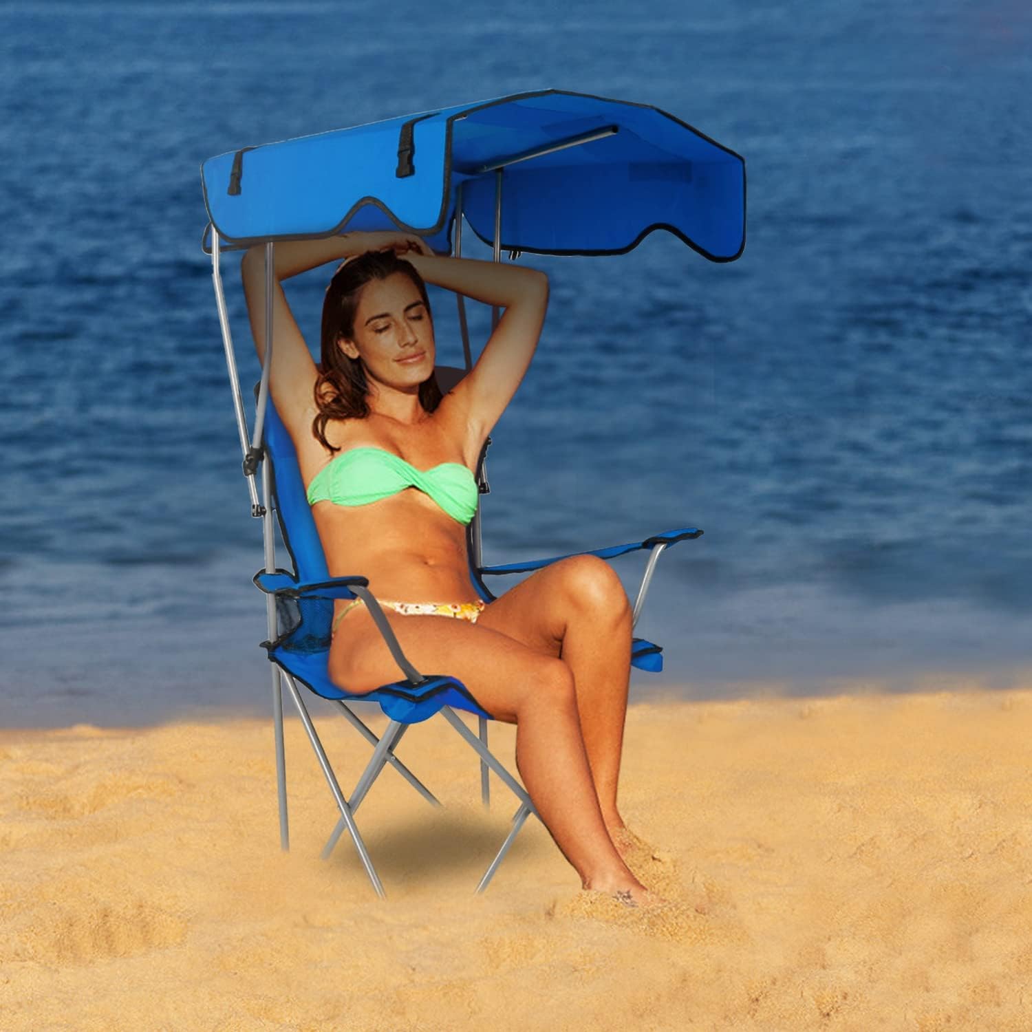Heavy Duty Folding Camping Lawn Chair with Shade Canopy and Cup Holder (Blue) D4526