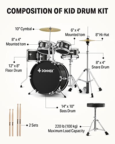 5-Piece 14 inch Full Size Junior Drum Kit Metallic Black T79229