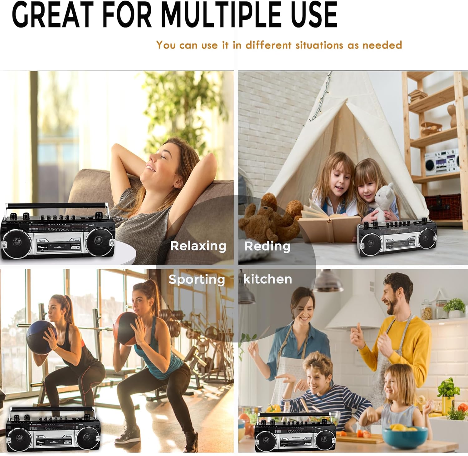 Black Retro Bluetooth Boombox Radio Cassette Player Recorder E785
