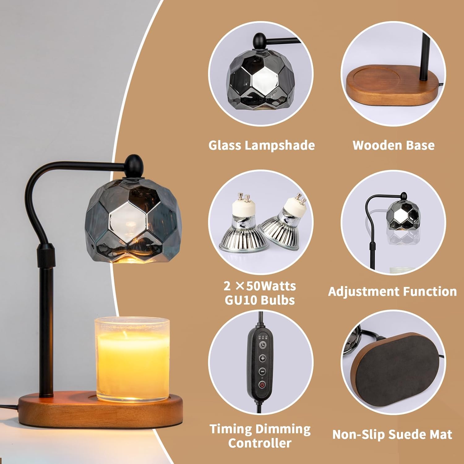 Candle Warmer Lamp with Timer, Adjustable Dimmer & Height, 2 Bulbs, Wooden Base Y950