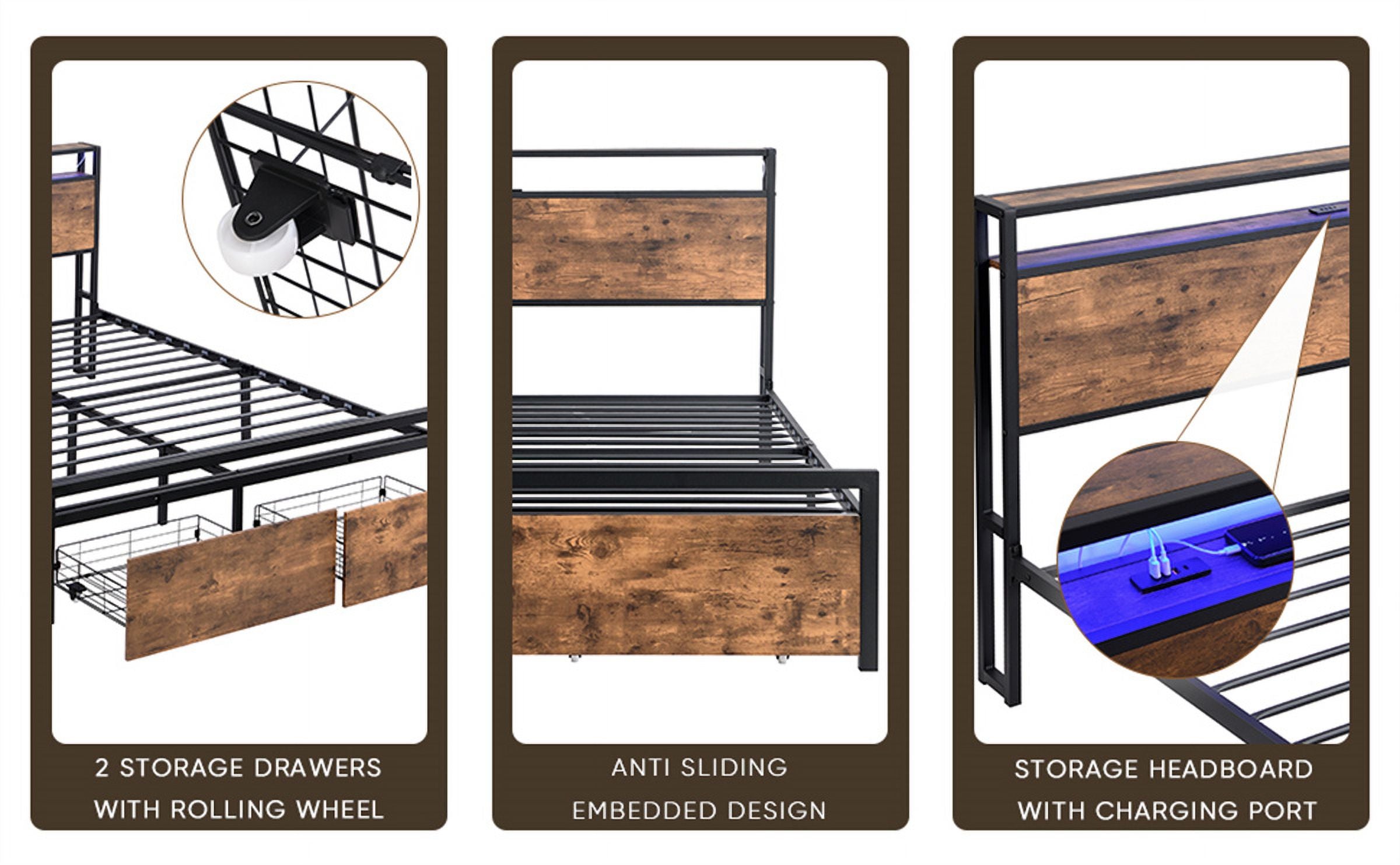 Queen Size Metal Bed Frame with Storage Headboard and 2 Drawers I5040