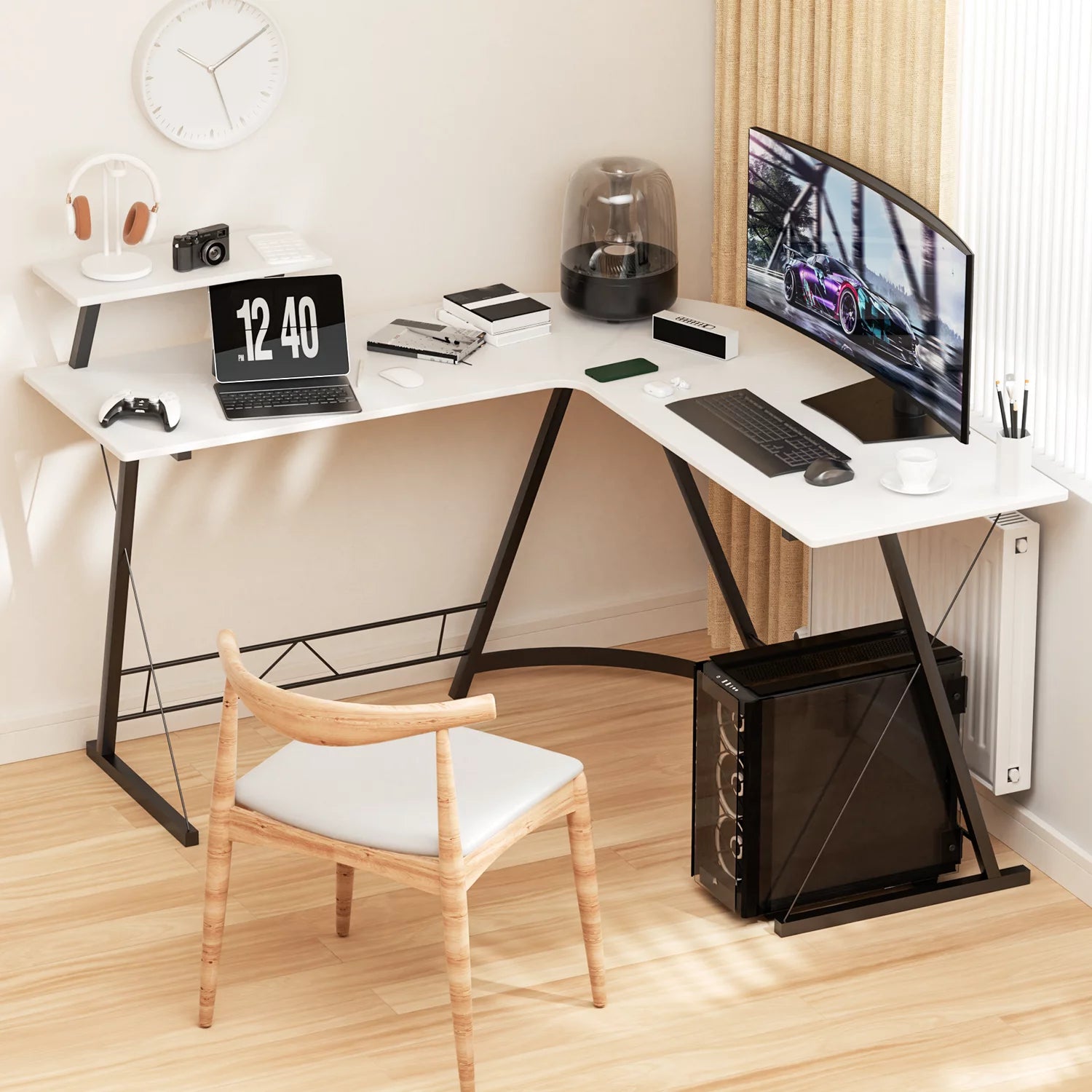 White L Shaped Corner Gaming Desk with Monitor Stand T2897