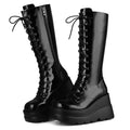 Womens High Platform Mid Calf Wedges Chunky High Heel Round-Toe Side Zip Combat Boots D456