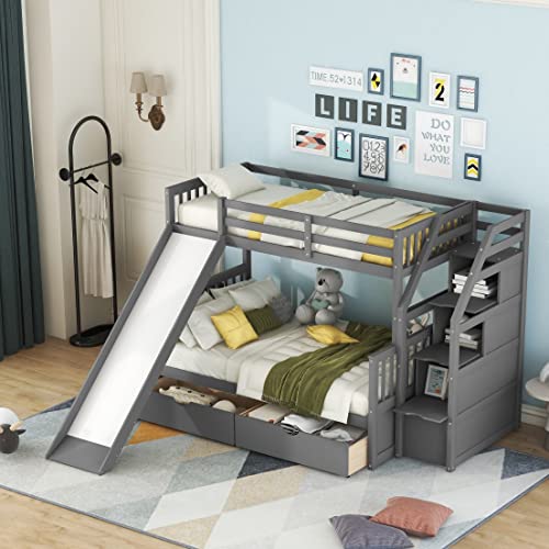 Grey Wood Twin Over Full Bunk Bed with Slides and Drawers D5069