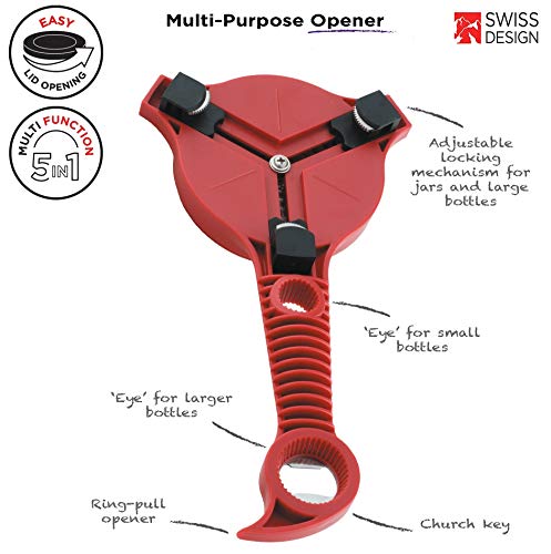 5-in-1 Multi-Purpose Strain-Free Opener for Jars, Bottles and Ring-Pull Cans, Red Q230