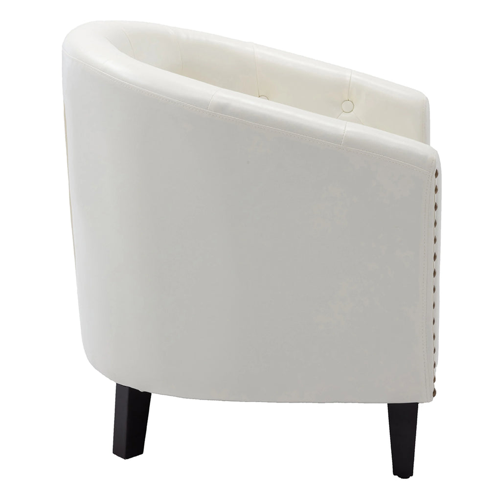 White Pu Leather Barrel Accent Chair with Nailheads and Solid Wood Legs G454