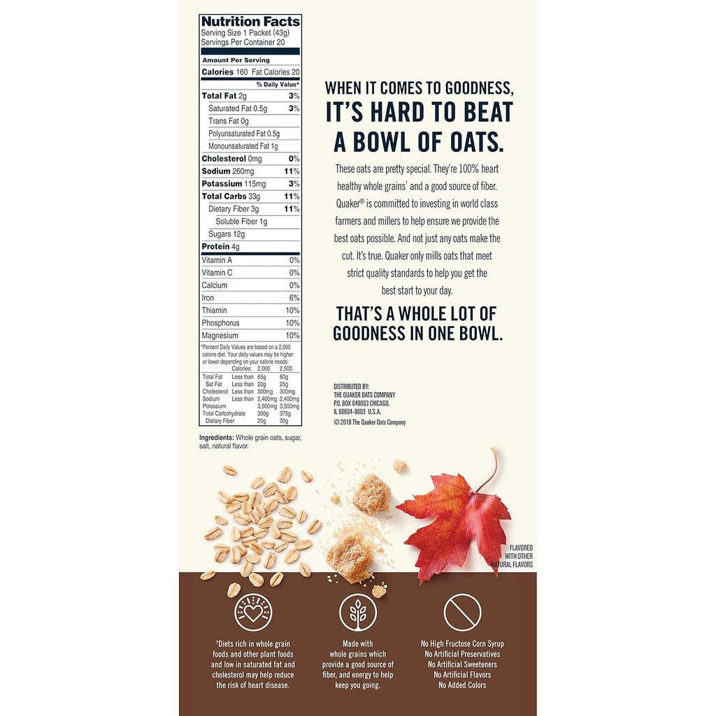 Maple & Brown Sugar Instant Oatmeal, 20 Count, 1.51 oz Packets A54113