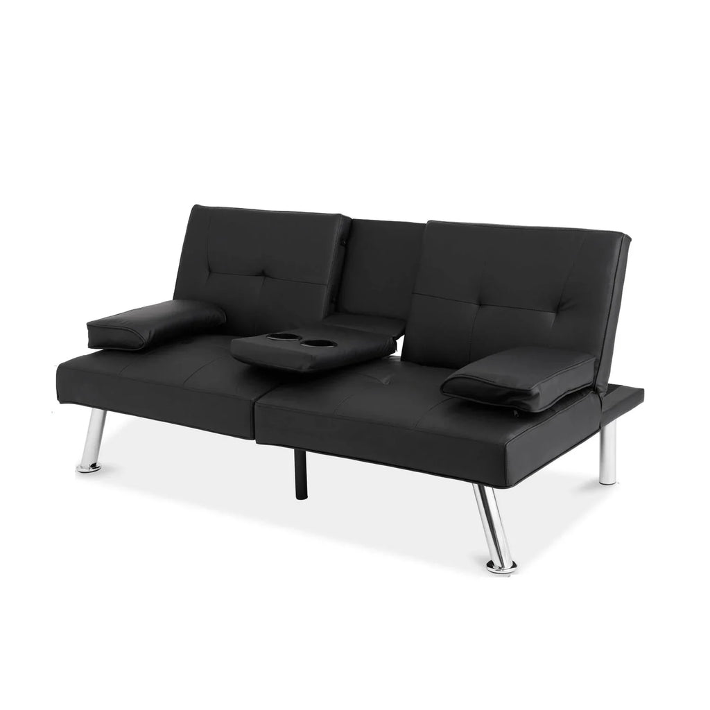 Black Faux Leather Convertible Sofa Futon with 2 Cup Holders J25426