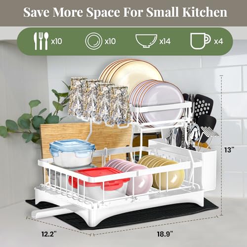 White 2-Tier Metal Dish Drying Rack with Drainboard F45826