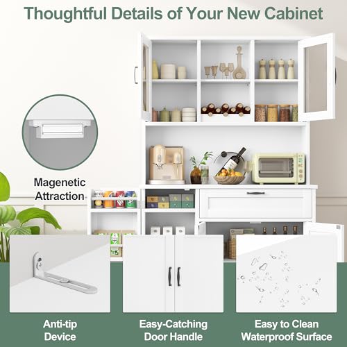 Brown Freestanding Kitchen Pantry Storage Cabinet with Microwave Stand, 4 Door Shelves, Adjustable Shelves and Wine Rack H556463