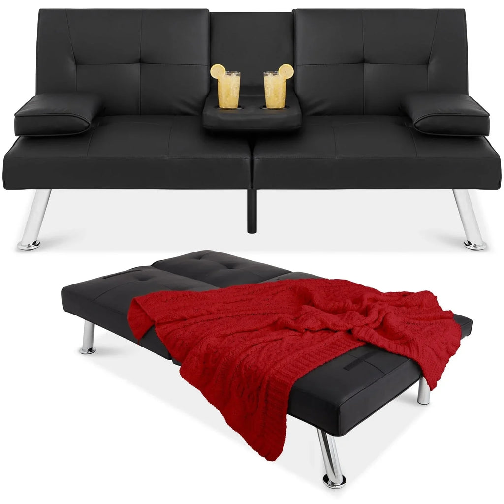Black Faux Leather Convertible Sofa Futon with 2 Cup Holders J25426