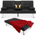 Black Faux Leather Convertible Sofa Futon with 2 Cup Holders J25426