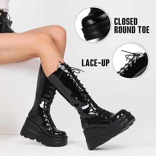 Womens High Platform Mid Calf Wedges Chunky High Heel Round-Toe Side Zip Combat Boots D456