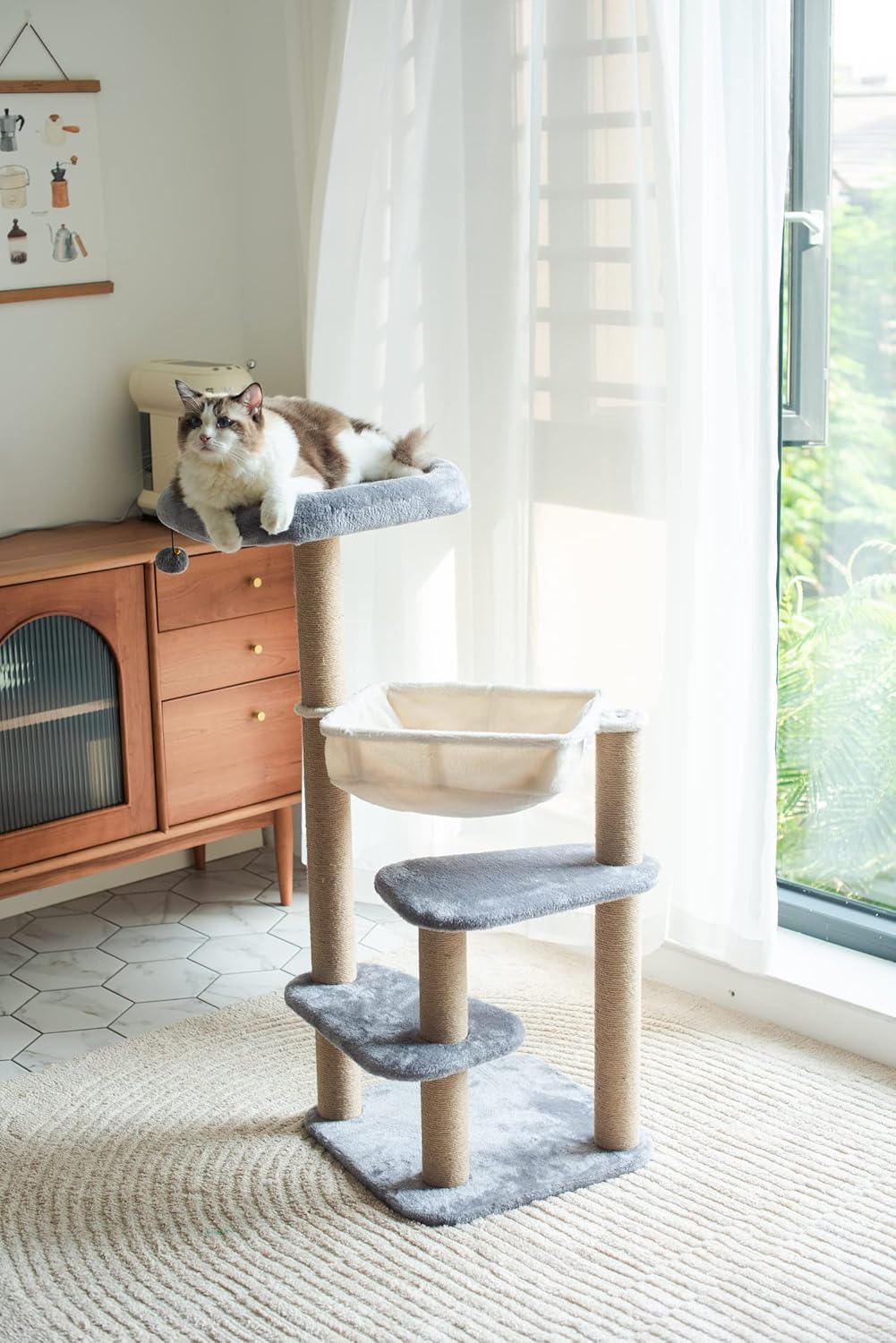 42" Grey Beige Cat Tree with Cat Hammock, Scratching Post V827154