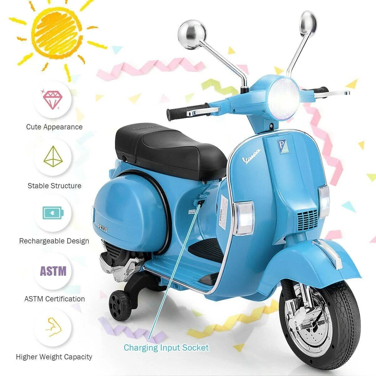 Blue 6V Kids Ride on Vespa Scooter Motorcycle with Headlight N768