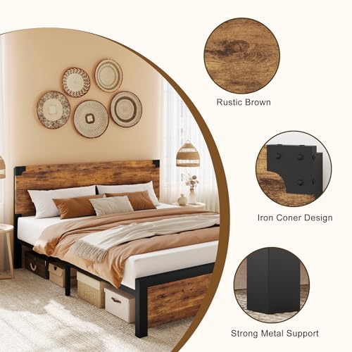 Rustic Brown Full Size Bed Frame with Wood Headboard and Under Bed Storage M371148