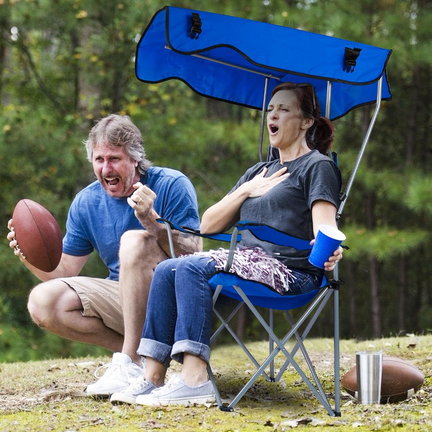 Heavy Duty Folding Camping Lawn Chair with Shade Canopy and Cup Holder (Blue) D4526