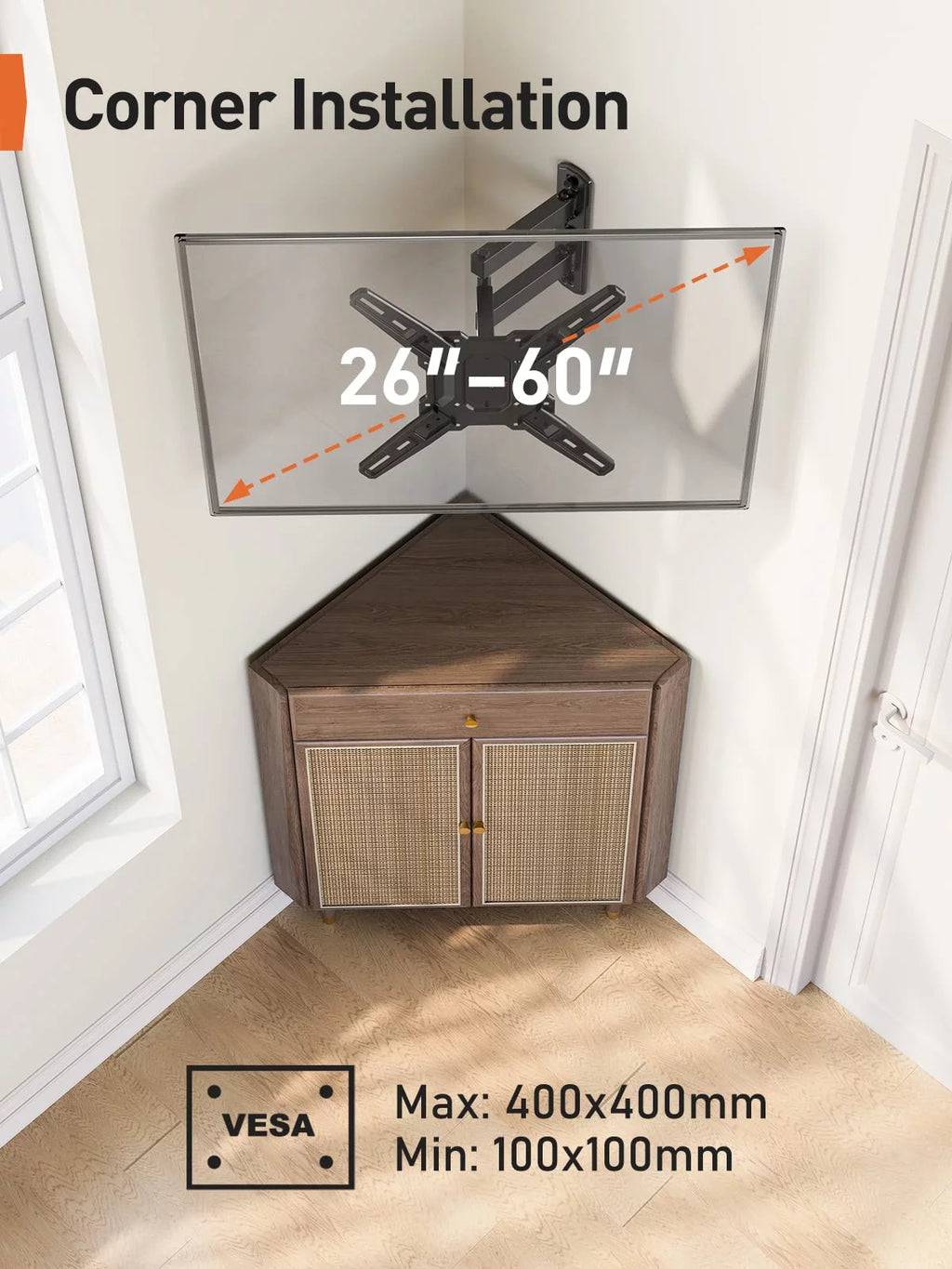 Full Motion TV Wall Mount for 26-60 inch LED LCD Flat Curved Screen TVs, Max 400x400mm, up to 82 lbs I412