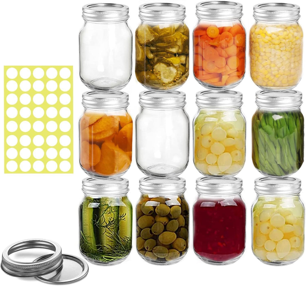 12 Pack 16 oz Clear Glass Mason Jars with Airtight Lids and Bands K1222