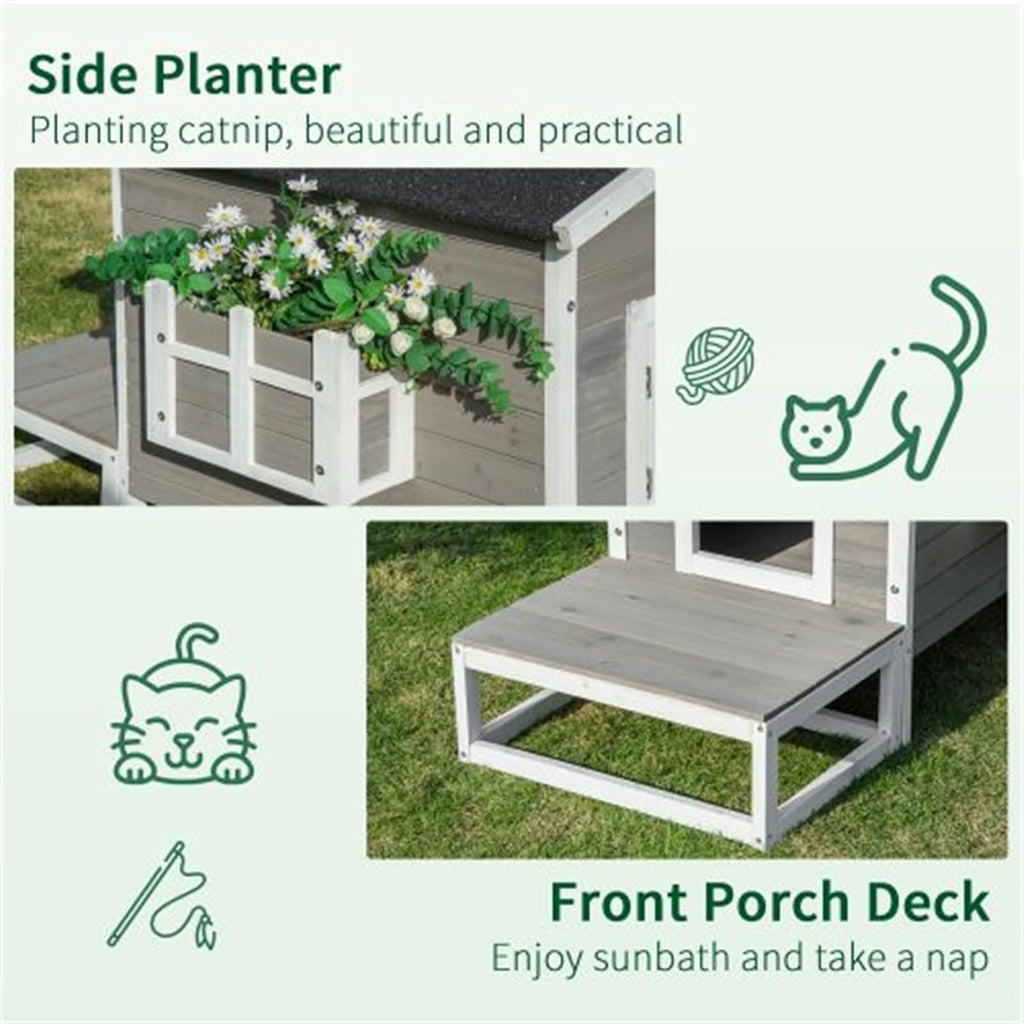Dark Gray Wooden 2-Floor Cat Shelter with Asphalt Roof G42865