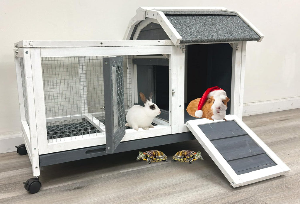 Gray/White 37L x 21W x 25H Inches Wooden Rabbit Hutch with Washable Tray P119