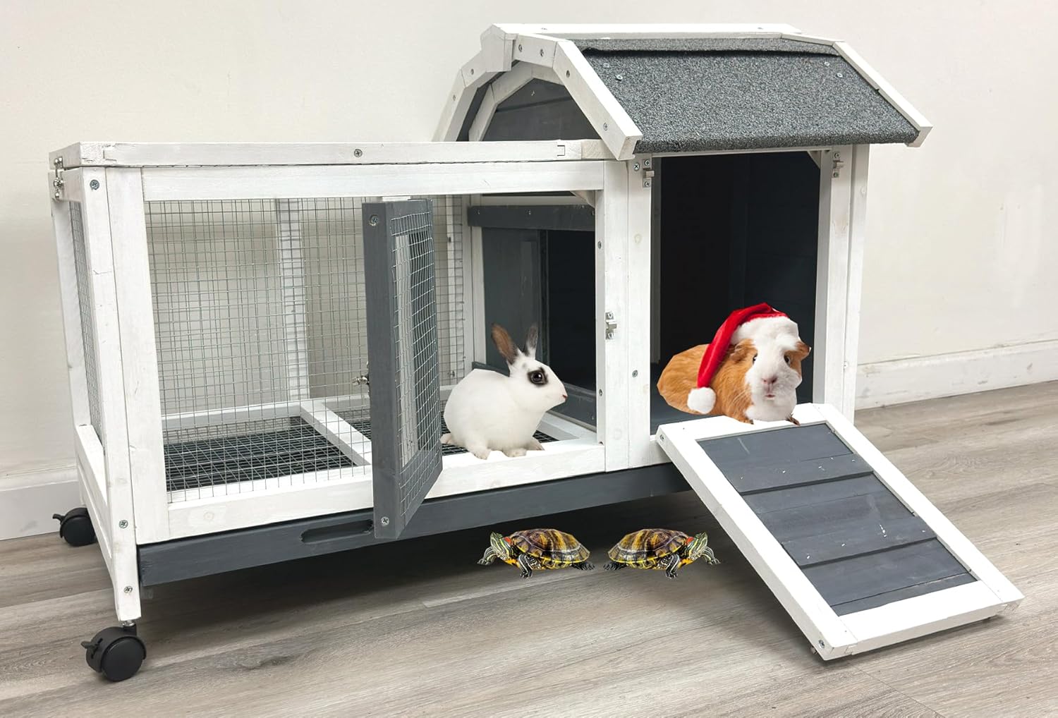 Gray/White 37L x 21W x 25H Inches Wooden Rabbit Hutch with Washable Tray P119