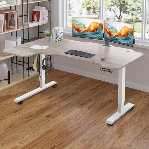Rustic Brown 59 Inch L-Shaped Electric Sit-Stand Computer Desk with 3 Splice Boards U722
