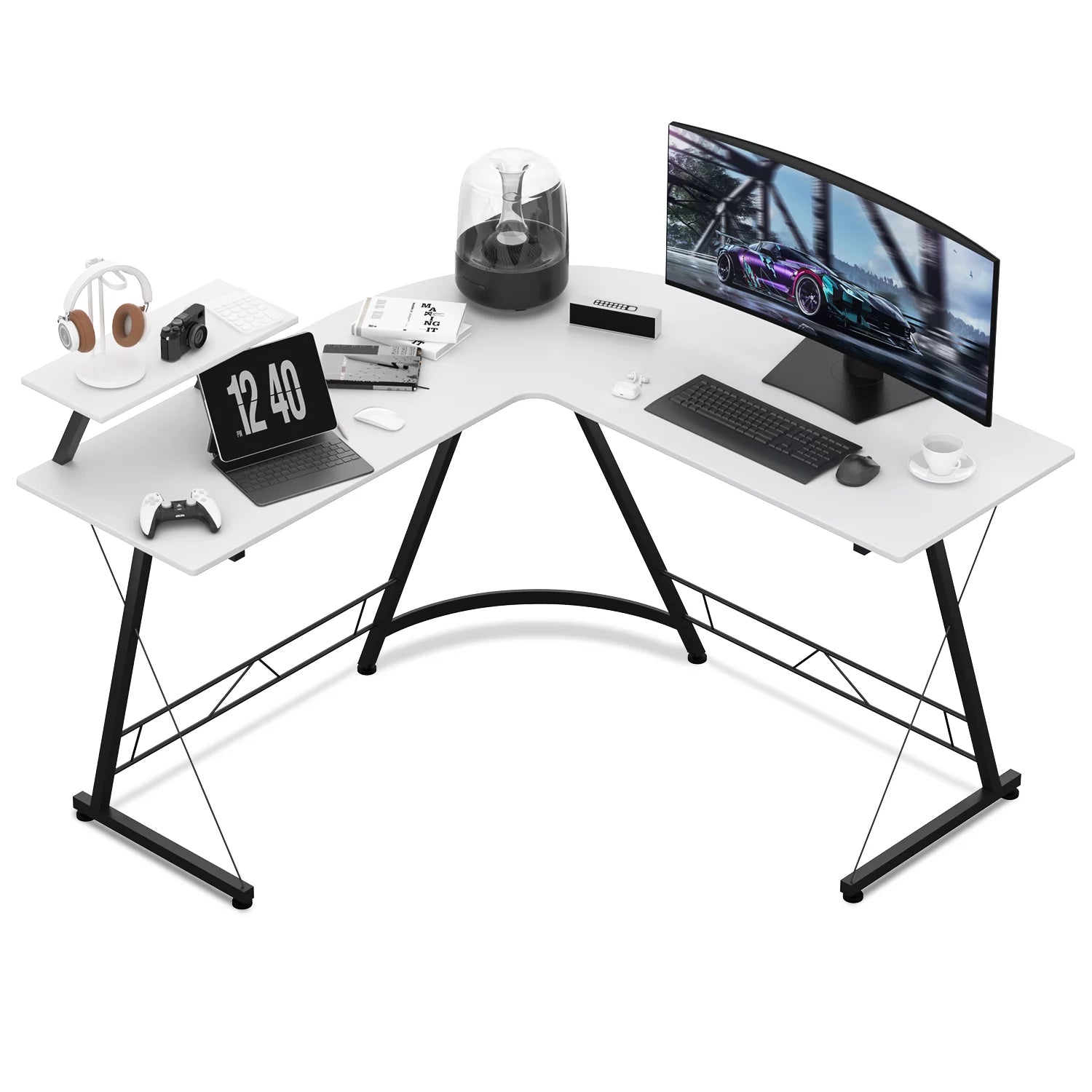 White L Shaped Corner Gaming Desk with Monitor Stand T2897