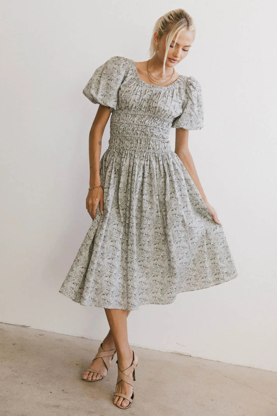 Smocked Floral Dress in Navy A5114