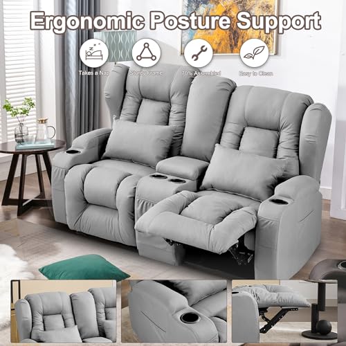 Beige Manual Reclining Loveseat Sofa with Console and Cup Holders A942