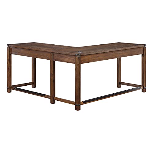 Rustic L-Shape Office Desk with Power Port Drawer, Champagne Oak Finish O314166