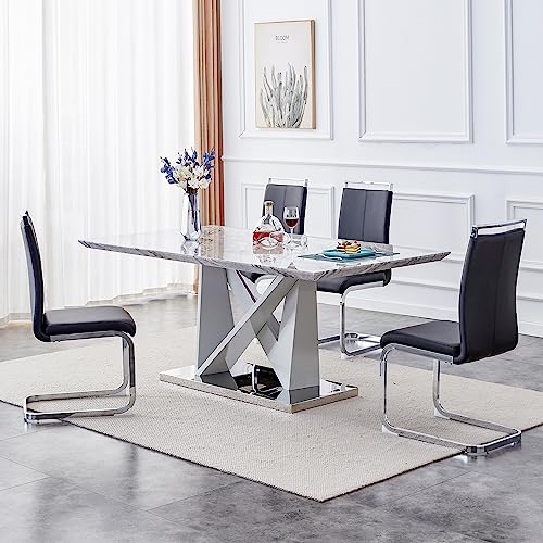 63" Faux Marble Dining Table Set with 6 PU Leather Upholstered Dining Chairs, 7 Piece T5388
